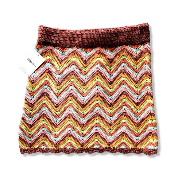 F21 Crochet Knit Cheveron Cottagecore Boho Mini Skirt, M - Picture 7 of 9